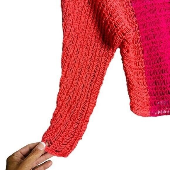 New York & CO Color Block Pink/Orange One Shoulder Slit Crochet Slouchy Sweater - Picture 3 of 7